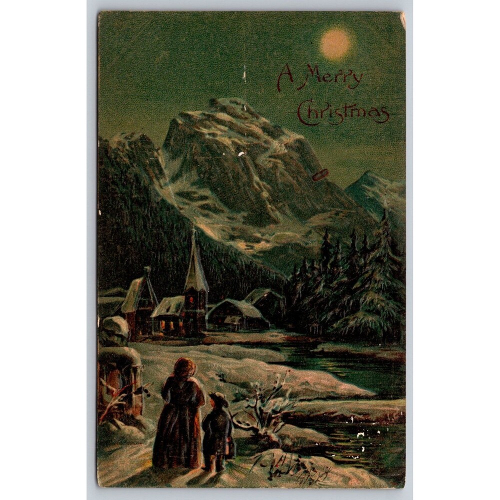 Antique Postcard Merry Christmas Village Moonlight Church Embossed Posted 1907